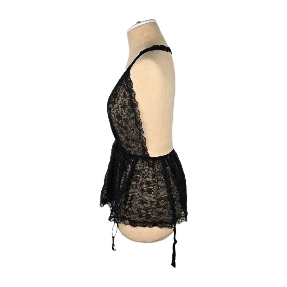Victoria's Secret Black Lace Halter‎ Top Nightie With Garters Size S Lingerie
